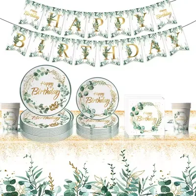 Goodsplus Eucalyptus Leaves Birthday Disposable BPA Free Sage Green Paper Plate Cup Napkins Tableware Set for Happy Party