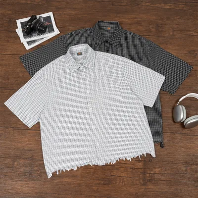 Raw Edge Design Men's Cropped Shirts Button up Short Sleeve Shirts Wholesale Casual Summer Plaid Shirts for Men
