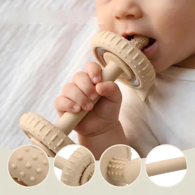 Infant Sensory Dumbbell Teether Bell Ring Food Grade Silicone Molar Stick Safe Chew Toy for Teething Babies