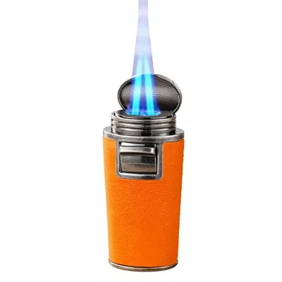 New Leather-texture Metal Push-button Lighter Creative Blue-flame Design Windproof High-power Butane Fuel Lighting Cigars;