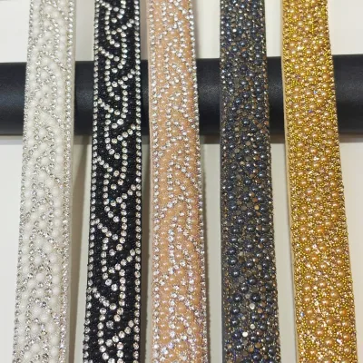 Rhinestone Beaded Hotfix Trim Glitter Crystal Rhinestone Tape Decorative Applique Hot Fix Rhinestone Band