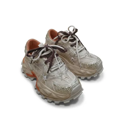 Trendy Double Laces Shiny Crystal Women's Daddy Shoes 6cm Height Increasing Sneakers Breathable Mesh TPU Platform Sneakers