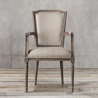 square High Back Country Antique Oak Wood Leather or Linen Restaurant Dining Armchair
