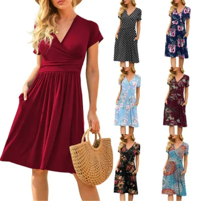 Printed Short-sleeved Pocket Dress European and American Style Loose-fitting Midi Skirt for Commuting