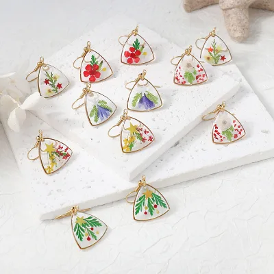 Fashion Geometric Dried Flower Earrings Women Colorful Real Flower Preserved Flower Jewelry for Party Anniversary Gift Idea