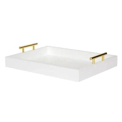 White Wooden Tray Decorative Modern Style Wooden Wedding Serving Tray With Polished Gold Metal Handles