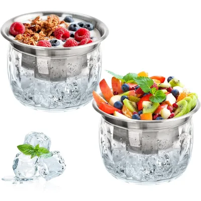 20 Oz Chilled Dip Bowl with Acrylic Ice Bowl Base, Stainless Steel Ice Chilled Serving Dish Iced Salad Bowl Set for Chilled