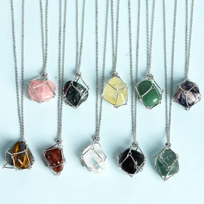 Wrapped Wire Crystal Pendant in Metal Mesh Bag Gemstone Irregular Tumbled Stone Necklace Ornament