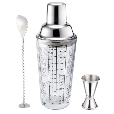 Factory Direct High Quality Custom 3-Piece 450ml Recipe Bartender Stainless Steel Home Mixing Tools Glass Cocktail Shaker Set