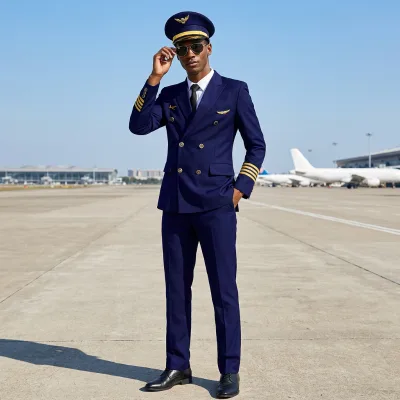OEM ODM Classical Nary Blue Polyester Blends Fabric Airline Pilot Uniform Cabin Crew Aviation Pilot Suit Including Jacket Pants