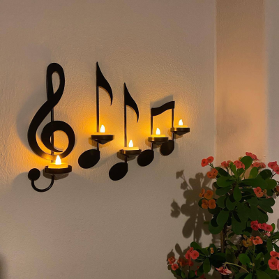 Black Music Note Wall Decor Black Hanging Metal Candlestick Musical Note-Style Candle Holders Musical Note Candlestick Holder