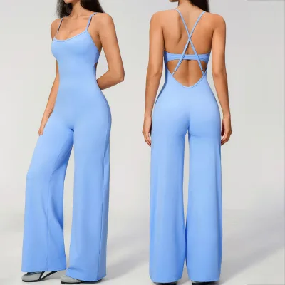 Women Yoga Jumpsuits Adjustable Criss Cross Back Thin Strap Wide Leg Jumpsuit With Built-in Bra Workout Casual Sports Romper