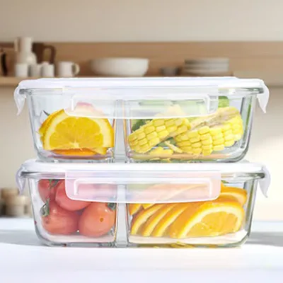 640ml a Rectangular Glass Lunch Box with Partitions Can Meet the Preservation Requirements of Multiple Foods at the Same Time