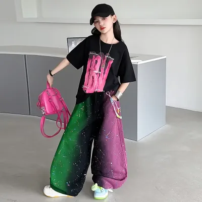 Girls Street-DanceStyle Painted Cotton Denim Jeans Korean Style Mid-to-Large Kids Loose Short-Sleeve Color-Block