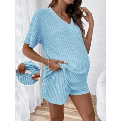 Factory Wholesale/OEM Maternity Knitted Two-piece Set: Knitted V-neck Short-sleeve Top and Adjustable-waist Shorts