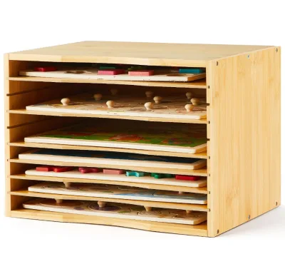 Premium Quality 7-Tier Space Saving Adjustable Storage Organizer Bamboo Puzzle Holder Rack Wooden Desktop Shelf