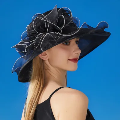 Ladies SINAMAY Wide Brim Wedding Hats Lace Flower Mesh Detachable Kentucky Derby Church Hats for Outdoor Beach Sports Casual Use