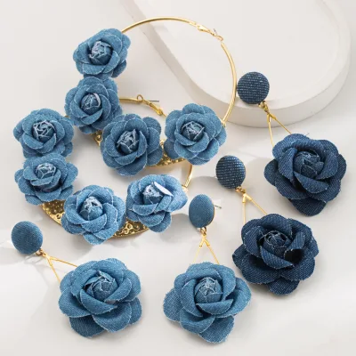 BOYI Pure Handmade Denim Floral Earrings with Exaggerated Large Circular Loops Long Earrings