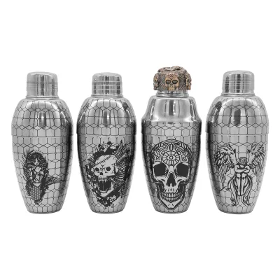 500ML French Etched Cocktail Shaker Silver Stainless Steel Engraved Grid Bar Shaker Set Bartender Parisian Cocktail Shaker