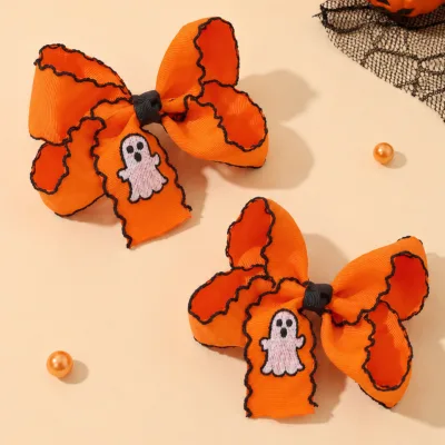 2Pcs Ribbon Scalloped Hair Bows Embroidered Ghost Pumpkin Halloween Hair Clip Accessories Trick or Treat Wholesale