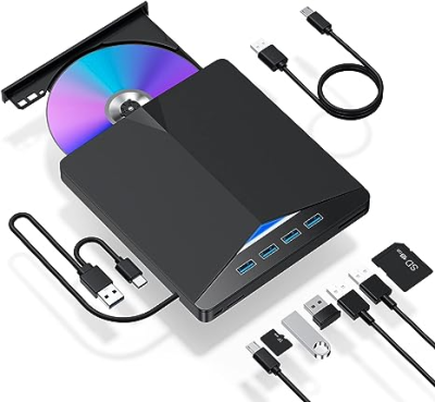 New 7 in 1 External USB3.0 TYPE C Optical Disk Drive CD/DVD Player with TF/SD Port for Laptop Mac Windows Linux