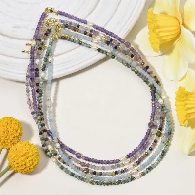 Elegant Mixed Natural Stone Tourmaline Aquamarine Faceted Ronelle Beads and Freshwater Pearls Necklace for Women Dainty Jewelry