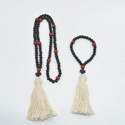 Wood Prayer Rosary Beads Necklace with Cross Tassel Pendant for Catholic Religious Meditation Jewelry