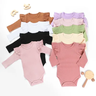 Cute Ribbed Plain Baby Bubble Romper Clothes Long Sleeve Blank Newborn Organic Cotton Baby Romper Winter