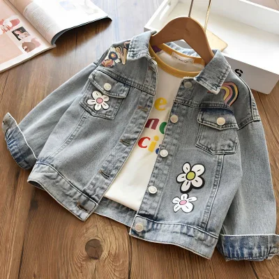 Girls' Casual Denim Jacket in Princess Style with Embroidered Print Top for Spring Fall & Winter Baby Girl Outer Wear