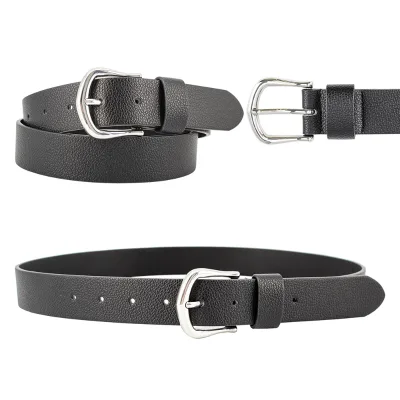 Wholesale Simple Shiny Alloy Buckle Classical Designer Woman Fashion Vintage Black PU Leather Belts