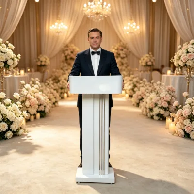 Factory Direct custom Heavy‑Duty Metal Event Speech Pulpit Vertical Glossy White Reception Speaker Stand For Wedding Stage Use