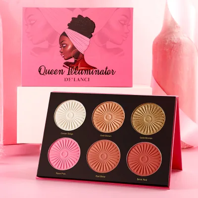 DELANCI New High Pigment 6 Colors Highlighter Cheek Blush Makeup Palette for Dark Skin