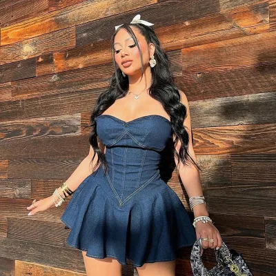 2025 Summer New Style Elegant Sheath A Dress European and American Style Sexy Tube-length Denim dress Women