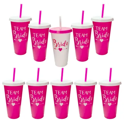 Rose Red 10-Piece Bridal Shower Cups Wedding Bottle Lid Straw Bridesmaid Wedding Travel Souvenir Direct Drinking Eco-Friendly