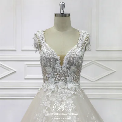 Modern Tassel Sleeves Lace Ball Gown V Neck a Line Bridal Ball Gown Wedding Dress