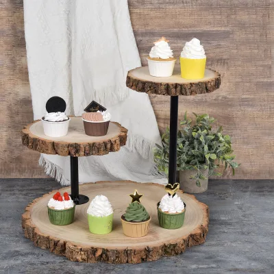 Rustic Wood Slice Cupcake Stand Wood Food Holder Food Riser Natural Wooden Cake Stand Dessert Display With Metal Poles