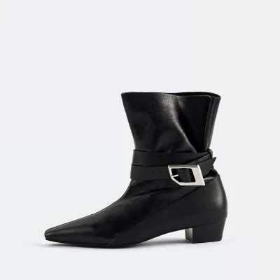 NOAH Women's Cowhide Boots Adjustable Belt Square Toe Mid-Heel Thick Heel Zip Closure Original Design Fashionable for Winter