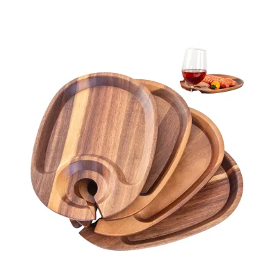 Polished Acacia Wood Wine Glass Tray Disposable Appetizer Plate Dish Cocktail Tray for Western Food Steak Red Wine Cup Holder