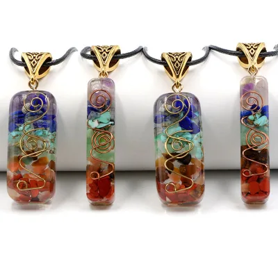 Natural Seven-Color Crystal Pebble Necklace Resin-Cast Rhombus Shape Pendant Business GiftsFactory Supply Cross-Border