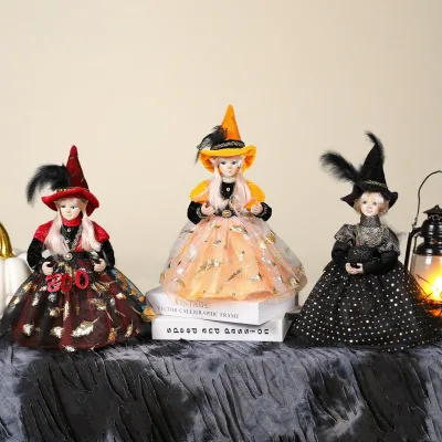 Halloween Elf Doll  Witch Standing Doll Cute Elf Girl Holding Pumpkin Figurines Mantel Ornaments Home Decor