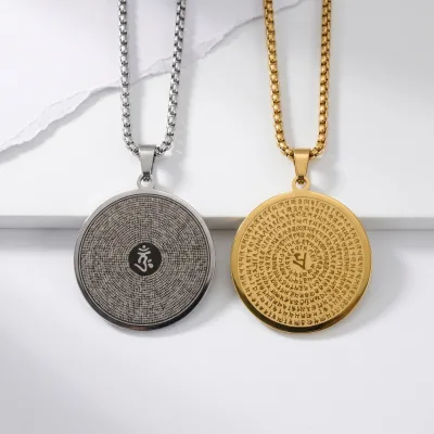 Retro Stainless Steel Buddha Charm Pendant Necklace Simple Scripture Traditional Chinese Round Pendant Necklace