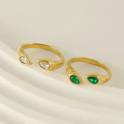 Vintage Teardrop CZ Ring - Thread-Design Titanium Steel Open Adjustable Ring with 18K Gold Plating for Women