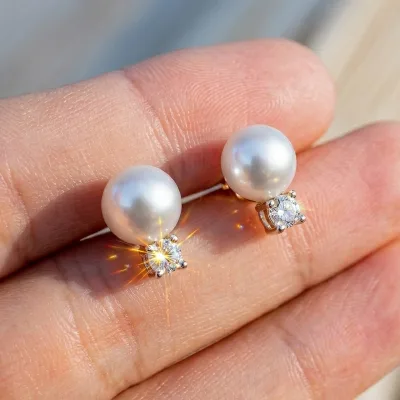 Versatile Easy to Match Minimalist Freshwater Shell Pearl Jewelry 925 Sterling Silver Solitaire Diamond Moissanite Stud Earrings