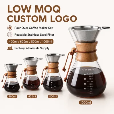 Low MOQ Custom Logo 400ml 600ml 800ml 1000ml Glass Pour Over Coffee Maker Set with Stainless Steel Filter