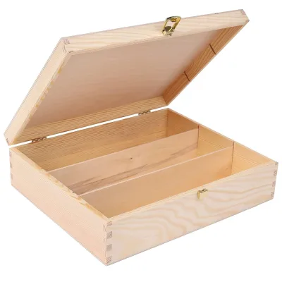 Unfinished Wooden Storage Box With Hinged Lid and Dividers Pine Wood Keepsake Box for DIY Craft Organizer Tray