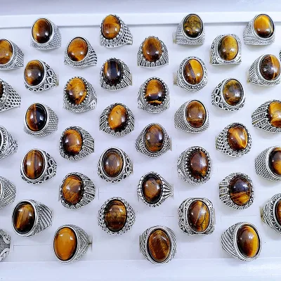 Cheap Price Wholesale Vintage Night Market Men's tiger Eye Stone Big Size Ring Tiger's Eye Stone Natural Stone Men's Ring