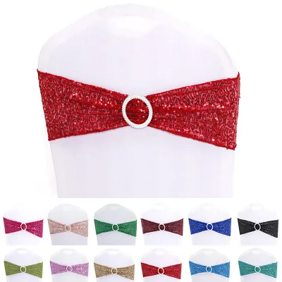Elastic Sequin Chair Back Round-Ring Bow Flower Hotel Wedding Banquet Chair Back Rhinestone Button Chair Back Tieback