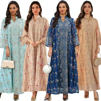Eid Al Fitr Robe Women's Muslim Clothing Digital Printing Diamond Beads Moroccan Robe Islamic Clothing Women's Robe