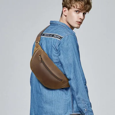 Retro Custom Logo Crazy Horse Leather Crossbody Sports Running Fitness Waist Bag Chest Bag for Men Outdoor