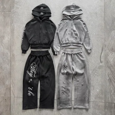 Men's 100% Cotton Terry Acid Wash Large Graphic Embroidery Digital Print Fall Streetwear Zip Hoodie Straight Leg Sweatpants Set